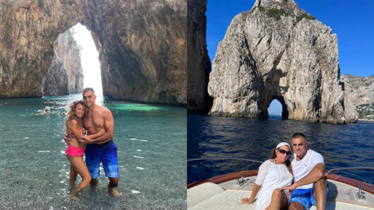 Header cover image with two photos side by side of a couple holding each other while in and on the water in Italy.
