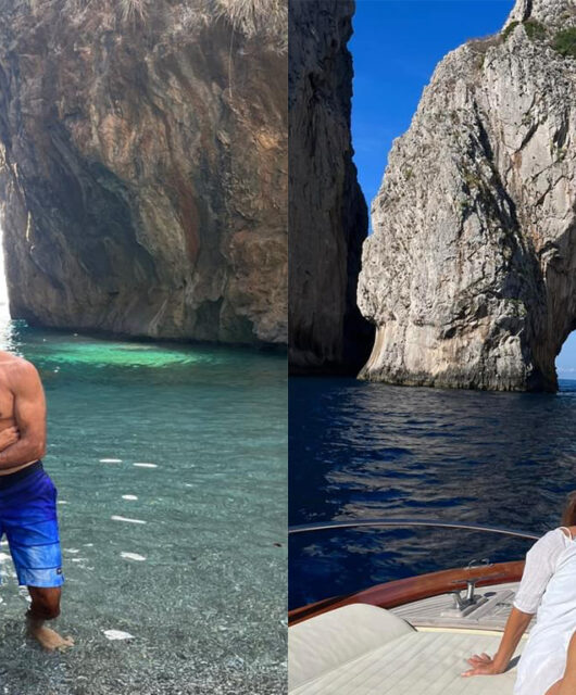 Header cover image with two photos side by side of a couple holding each other while in and on the water in Italy.