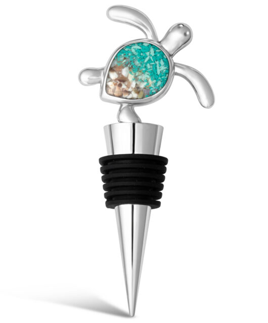Stainless steel wine stopper with black detailing and turtle ornament filled with shells and seafoam green recycled ocean plastic.