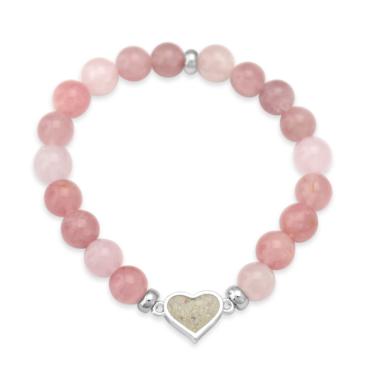 Natural rose quartz beaded bracelet with a heart-shaped sand setting. The perfect Valentine's gift.