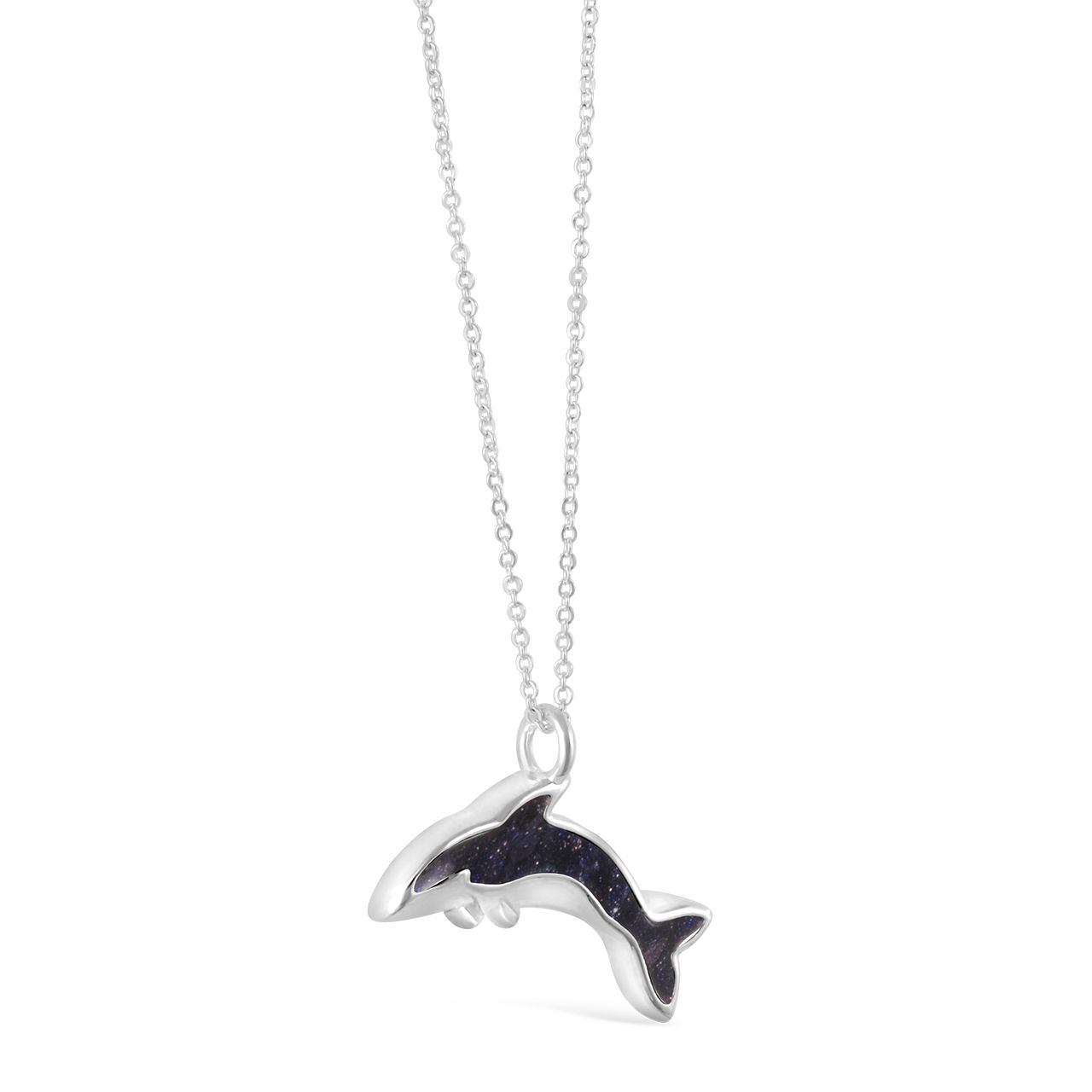 Sterling silver ocean-inspired necklace with an adjustable cable chain, orca whale pendant and sand and earth elements.