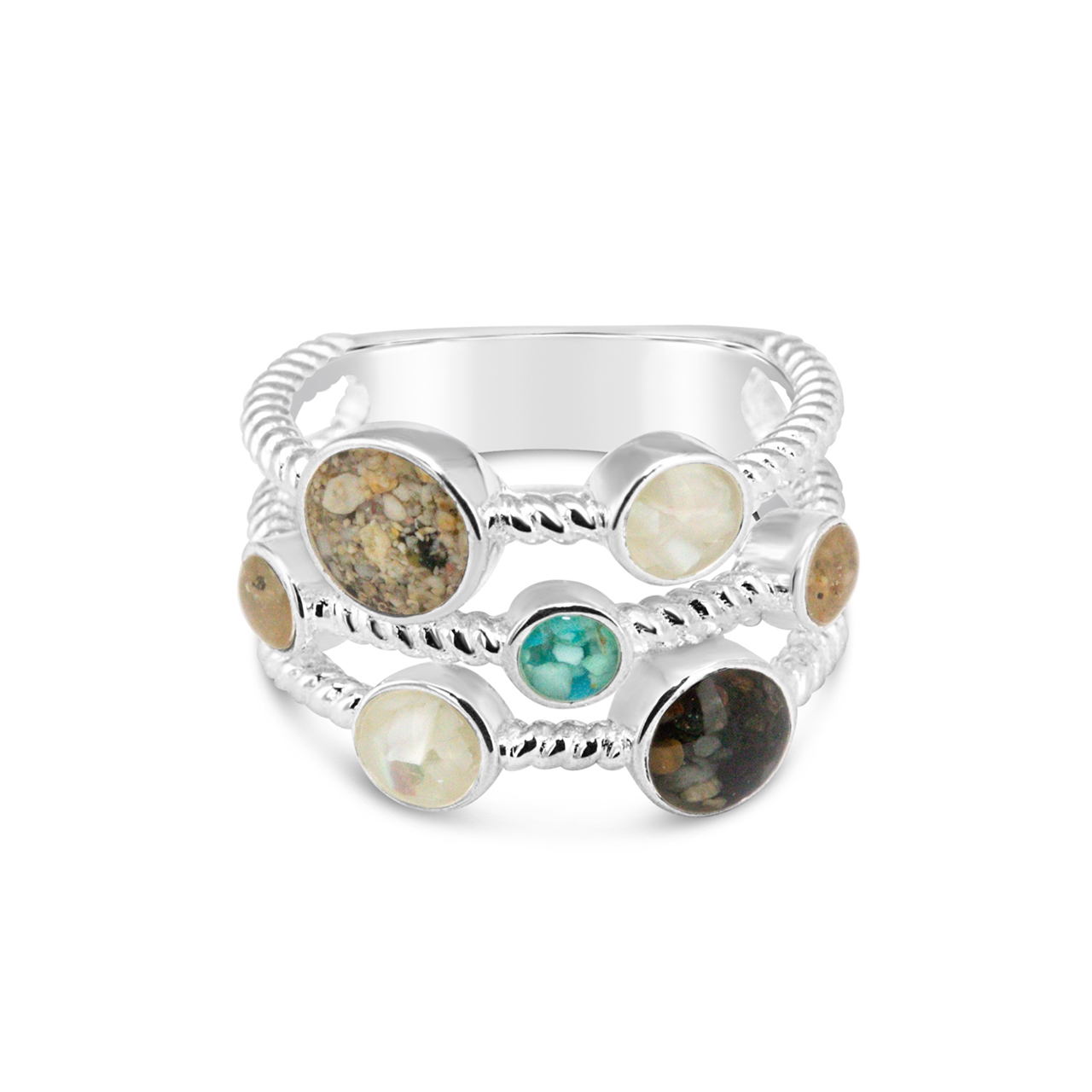 Sterling silver multi-bezel ring with rope texture that includes your choice of 7 sand or earth elements. The perfect Valentine's gift.