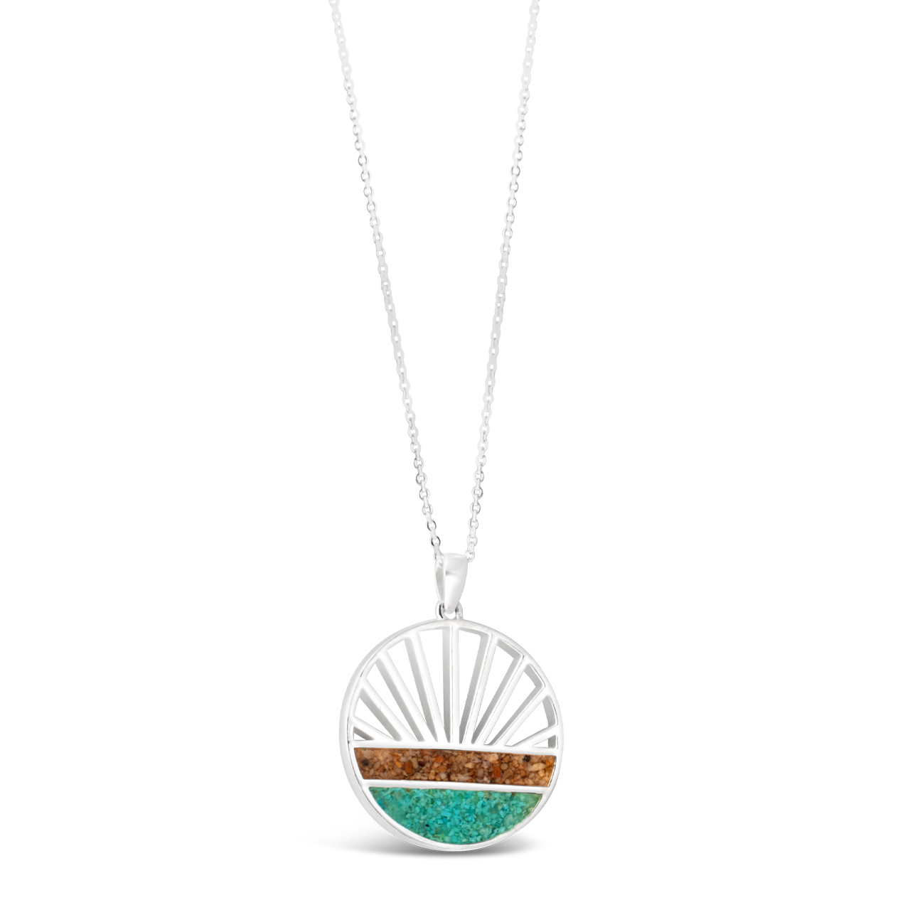 This sterling silver necklace features a shoreline and two sand or earth elements. The perfect Valentine's gift.