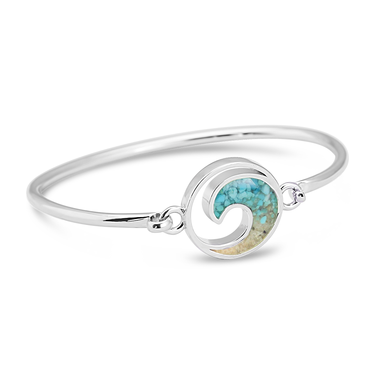 Sterling silver bangle bracelet with wave shaped setting featuring a sand or earth element and turquoise gradient. The perfect Valentine's gift.