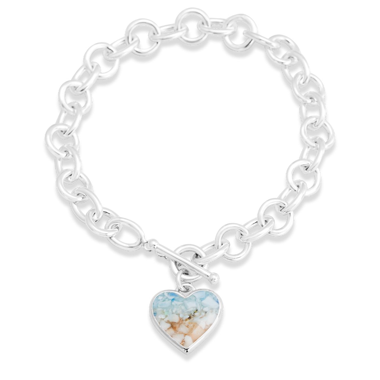 Product shot of the Dune x 4ocean Full Heart Toggle Bracelet - Hawaii Blue chain bracelet with heart pendant.