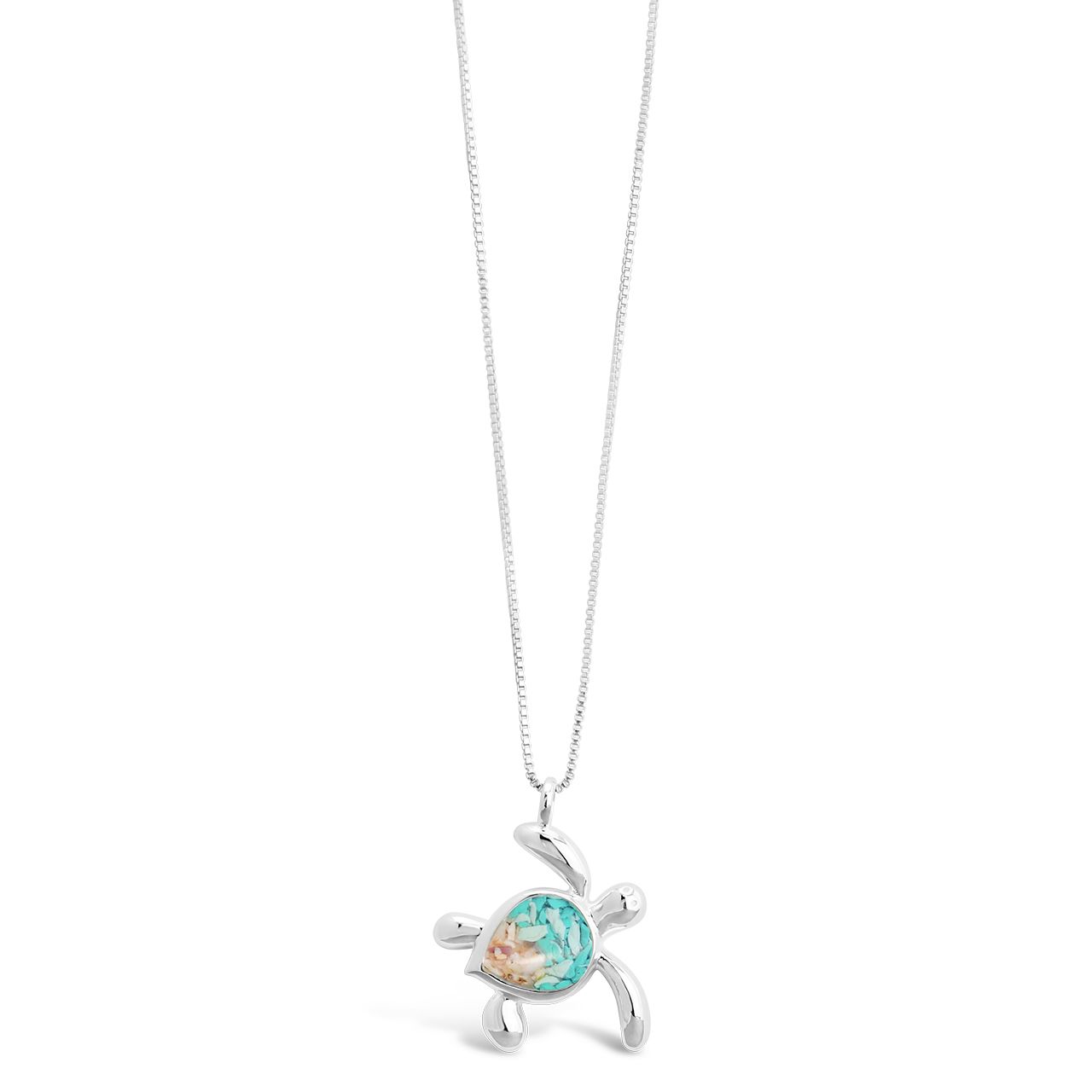 Product shot of Dune x 4ocean Turtle Necklace featuring sterling silver turtle and seafoam recovered plastic.