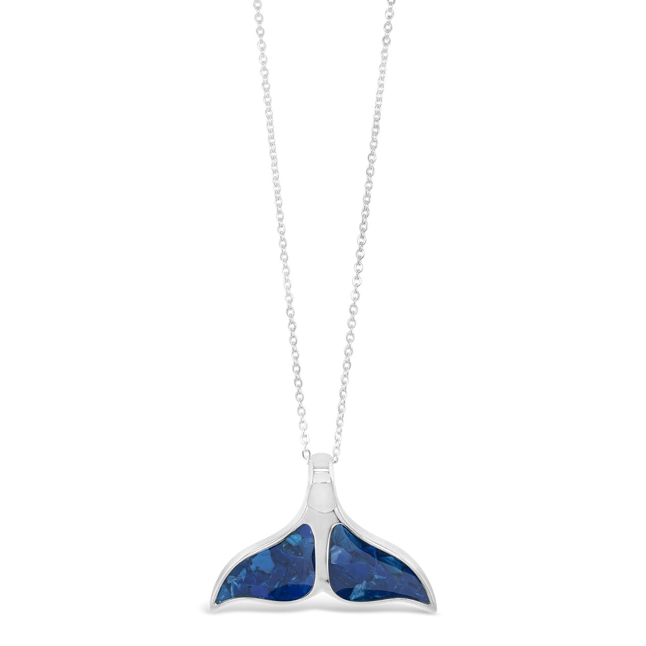Product shot of the Whale Tail Necklace in Bali Blue by Dune x 4ocean using recycled plastic.