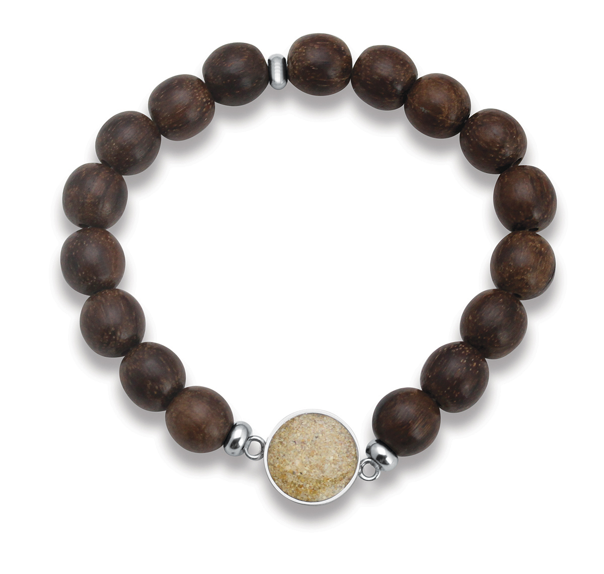 Dune Jewelry's Men's Beaded Bracelet in Wood with customizable sand or earth element in pendant.