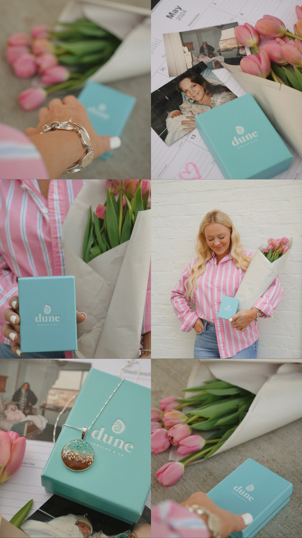 Influencer photo collage of the Marina Necklace for Dune Jewelry's Mother's Day Campaign: Unique Mother's Day Gifts