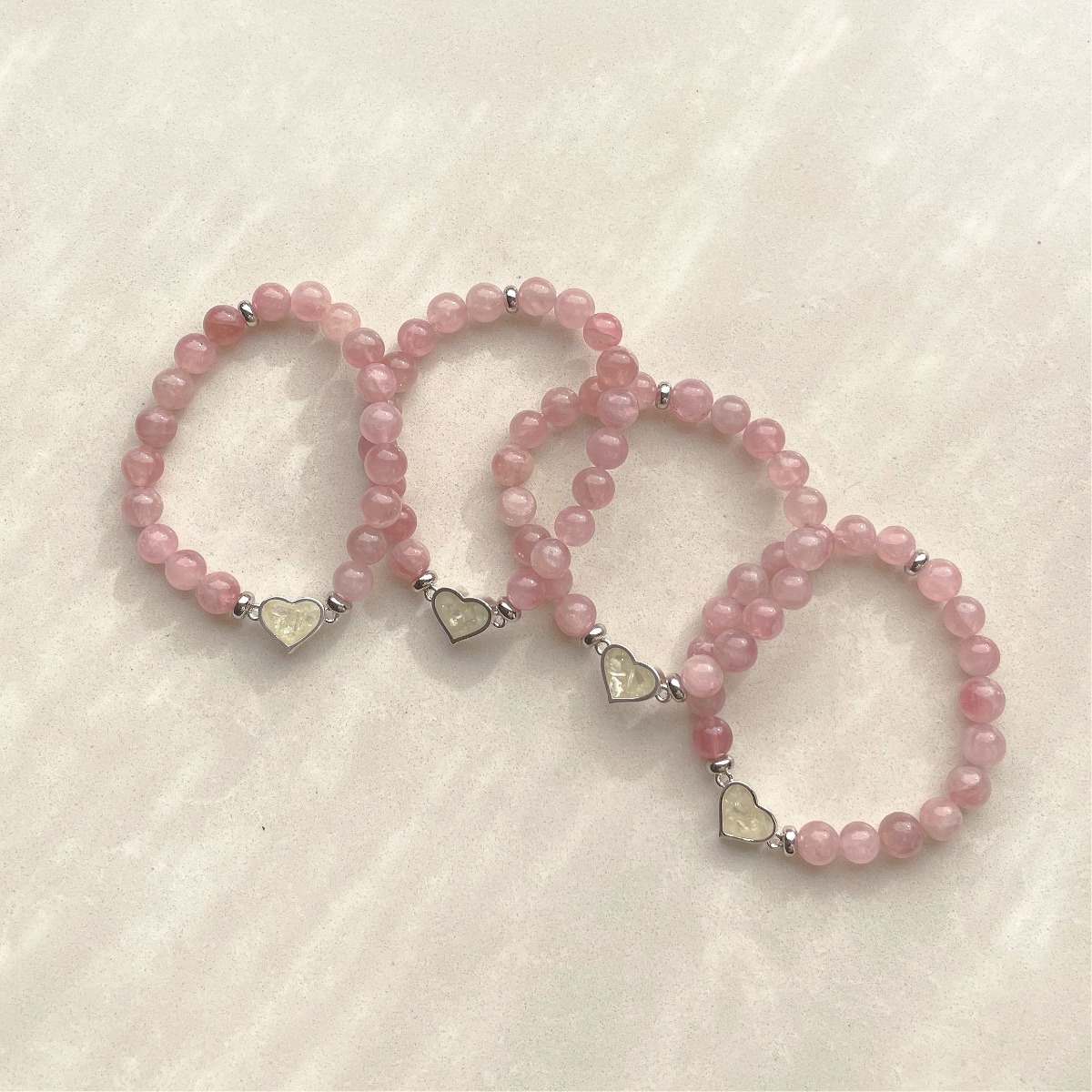 Rose Quartz Heart Beaded Bracelet by Dune Jewelry, the perfect summer addition.
