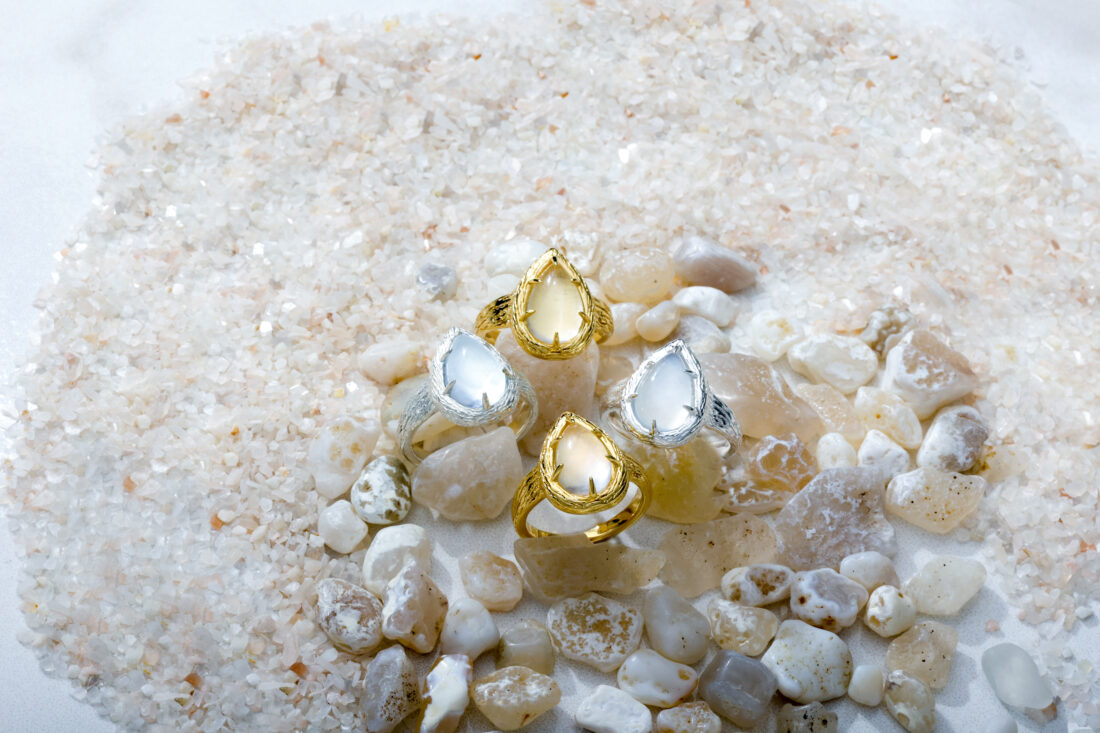 Dune Jewelry's Moonstone Teardrop Rings.