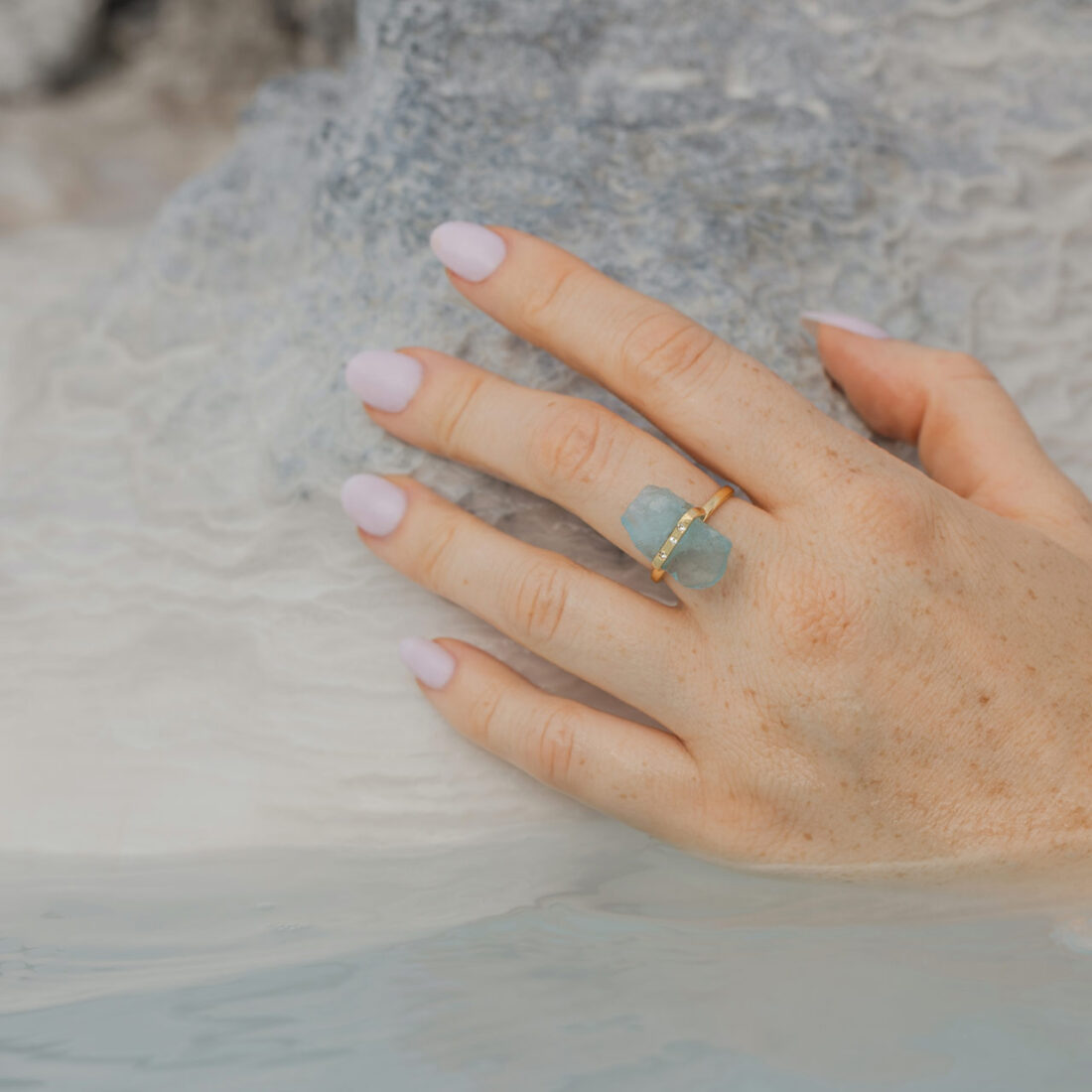 Blue Ice Aquamarine Ring, Aquamarine Jewelry by Dune Jewelry and Sports Illustrated model Camille Kostek.