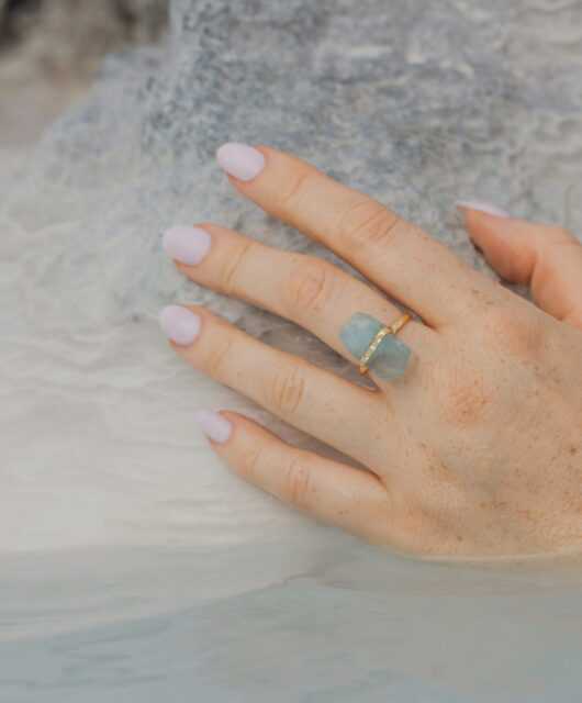 Blue Ice Aquamarine Ring, Aquamarine Jewelry by Dune Jewelry and Sports Illustrated model Camille Kostek.
