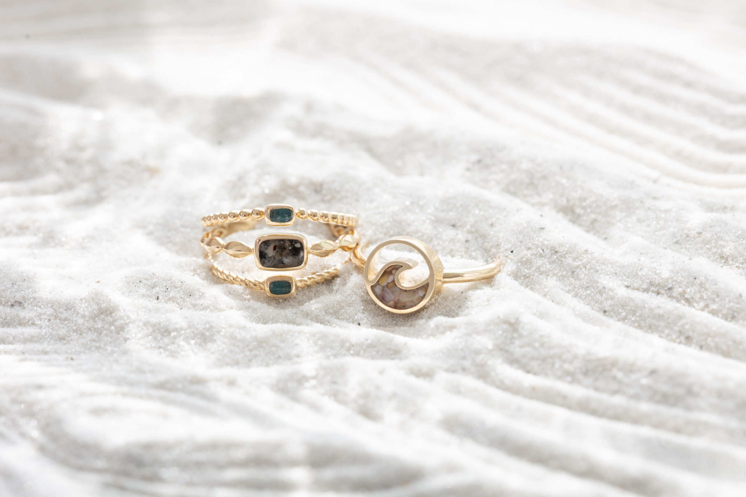 Boho Stack Ring and Delicate Dune Cresting Wave from the 14k gold collection, real gold jewelry for summer. Summer gold is the latest fashion trend!