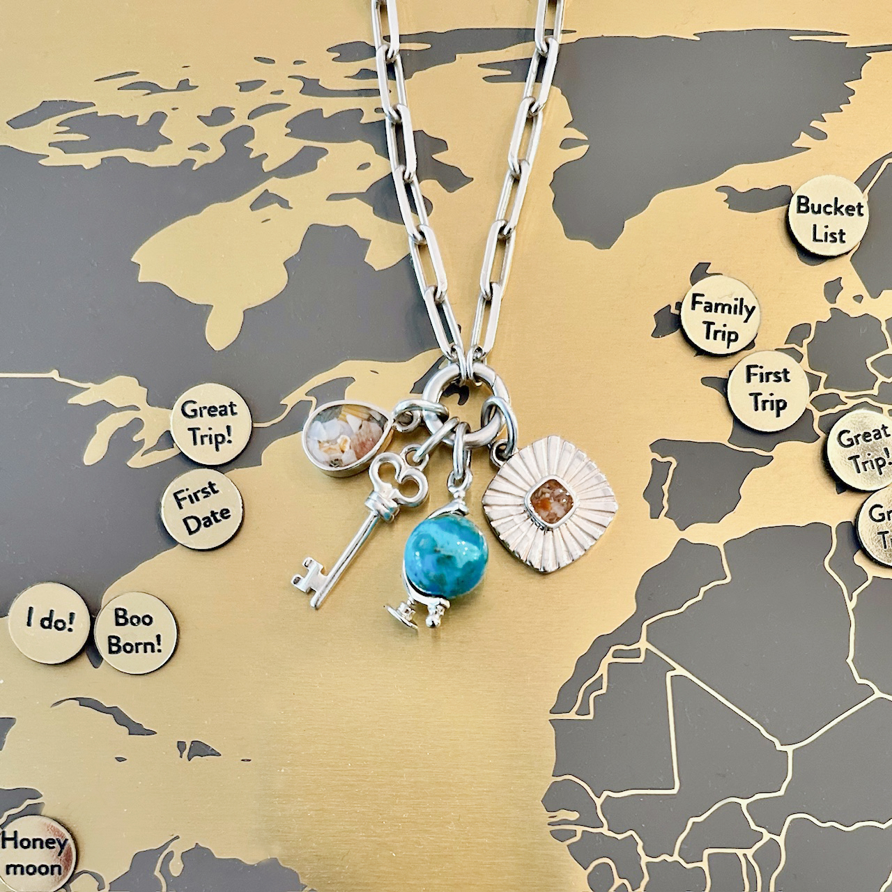 Kate's Travel Treasures Necklace, charm jewelry and charm necklaces available at Dune Jewelry for your travel memories.