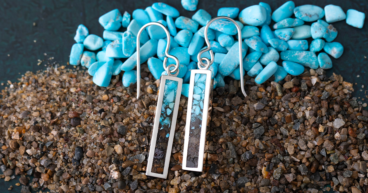 Boutique Collection Petite Dune Bar Earrings with Turquoise Gradient, available at Clay & Cotton. Customizable earrings with genuine turquoise stone.