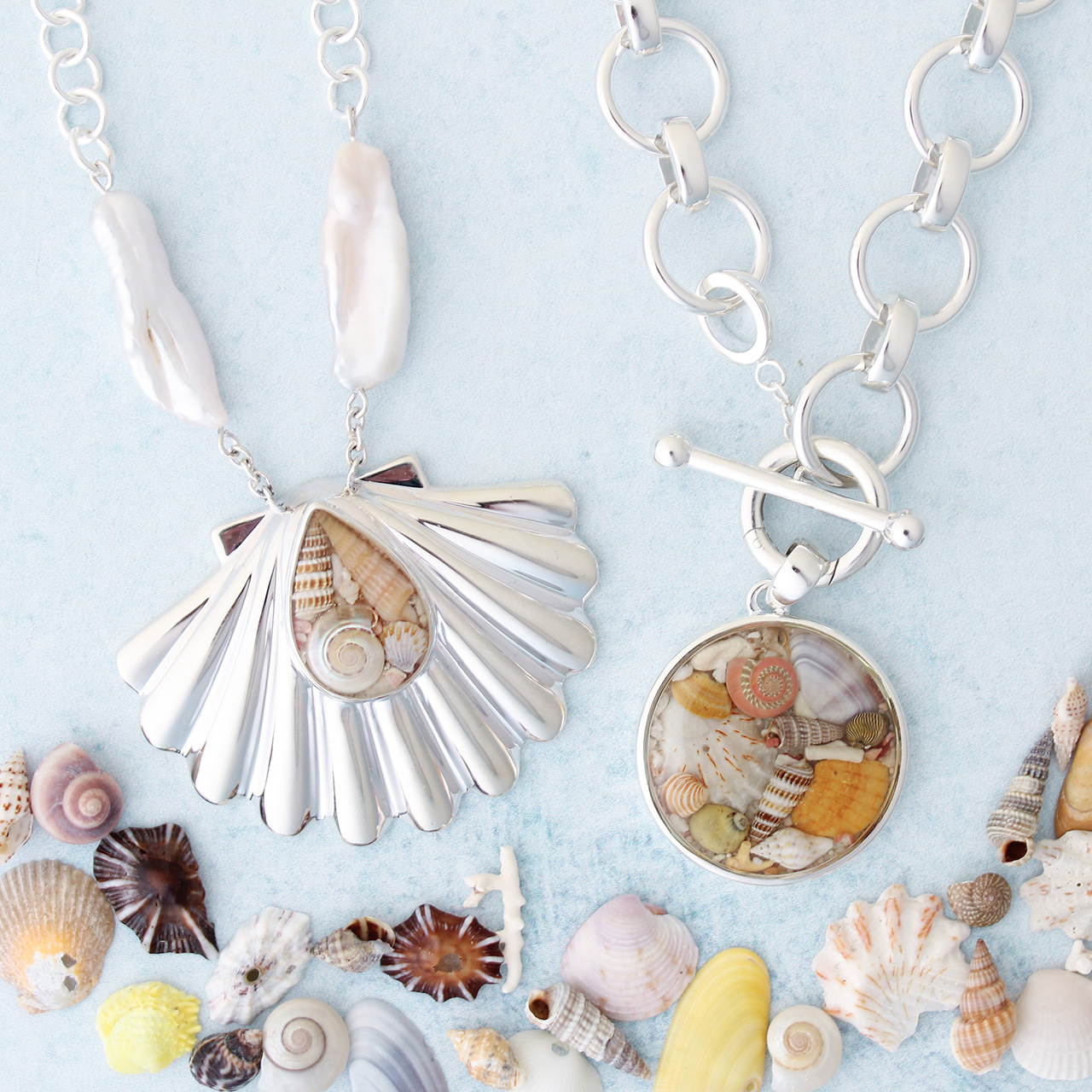 Shell Scapes sea shell designs in sterling silver chains, pearl, sea shells.