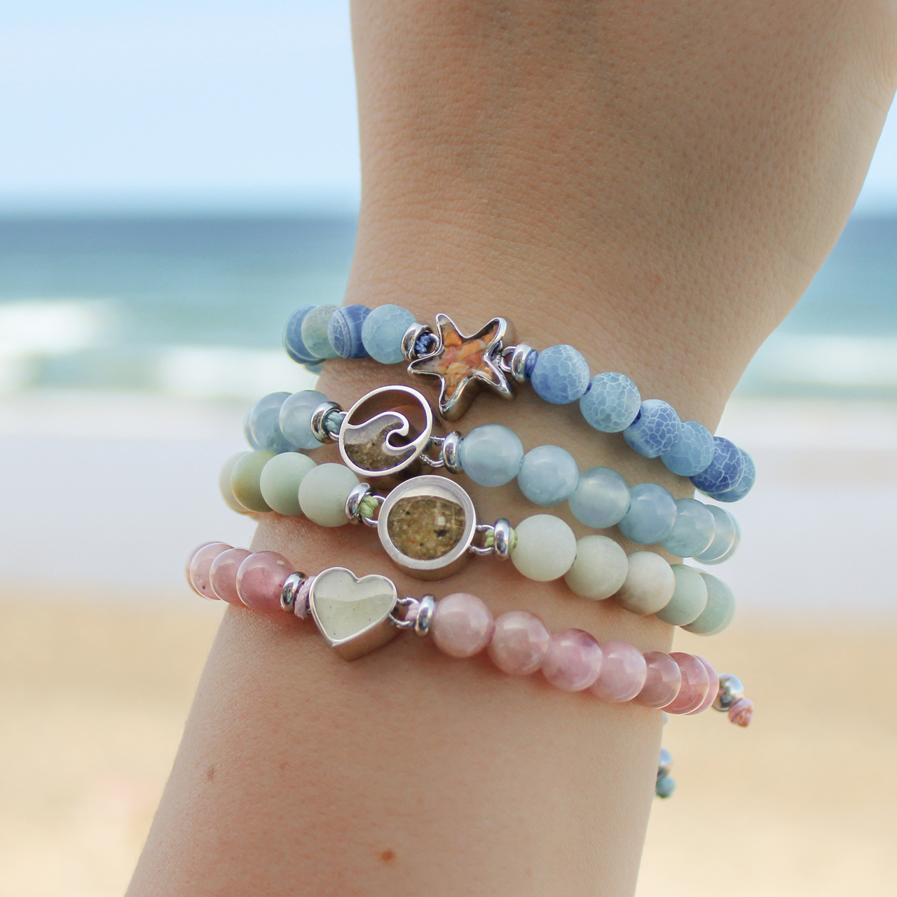 Beaded Bracelet Adjustable - Starfish - Weathered Agate