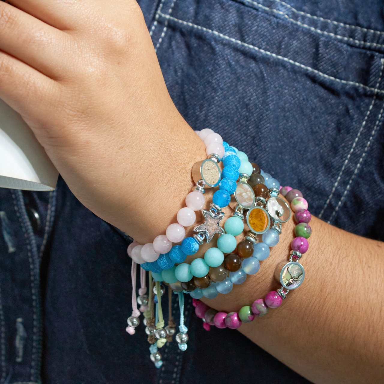 Beaded Bracelet Adjustable - Round - Rainflower Jade