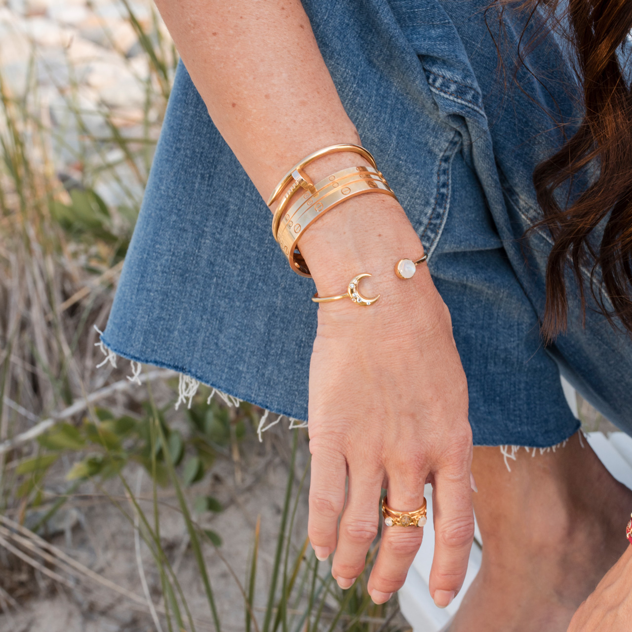 Gold vermeil crescent moon cuff bracelet with aquamarine gemstones and your own sand or elements.