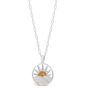 Sun necklace with Mother of Pearl and White Topaz in a seaside sunrise design.