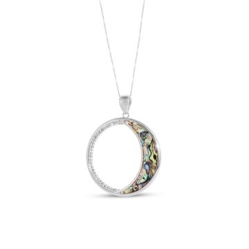 Celestial moon necklace featuring abalone or your custom element and brilliant white topaz gemstones. Large circular statement necklace. Memory jewelry holding elements that capture moments, perfect personalized housewarming gifts.