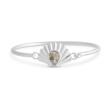 Sterling silver coastal jewelry with a beautiful shell motif design and teardrop shape filled with sand or shells, customizable hinge bracelet.