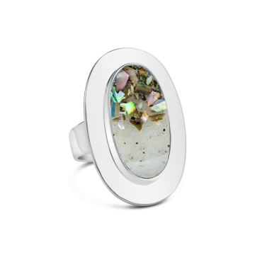 Bold statement ring abalone jewelry featuring abalone shell fragment in a gradient design with your custom beach sand, shell, or element.