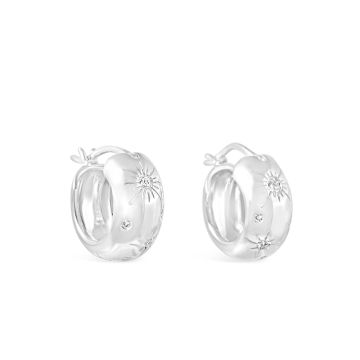 Small size sterling silver and cultured diamond hoop earrings inspired by the stars and the galaxy. Designed with Camille Kostek. 