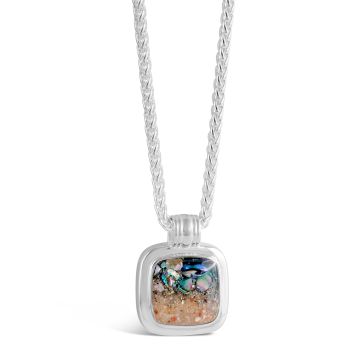 Discover abalone necklace meaning with this bold masculine cushion cut and chain design in sterling silver with sand, stones, or shells, and abalone shell fragments.