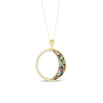 Celestial moon necklace featuring abalone or your custom element and brilliant white topaz gemstones. Large circular statement necklace. Memory jewelry holding elements that capture moments, perfect personalized housewarming gifts.
