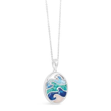 Product shot of the Make Waves necklace, a sterling silver cable chain and oval pendant necklace with four waves featuring unique elements.