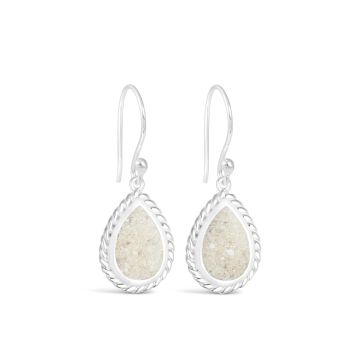 Nautical silver mermaid earrings with rope detailing and a teardrop motif personalized with sand, shells, or elements.