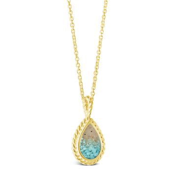 Nautical gold mermaid necklace with rope detailing and a teardrop motif personalized with sand, shells, or elements and a genuine turquoise gradient, best jewelry for ocean lovers.