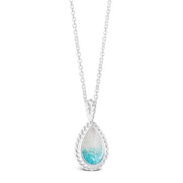 Nautical silver mermaid necklace with rope detailing and a teardrop motif personalized with sand, shells, or elements, best jewelry for ocean lovers. Turquoise Gradient.