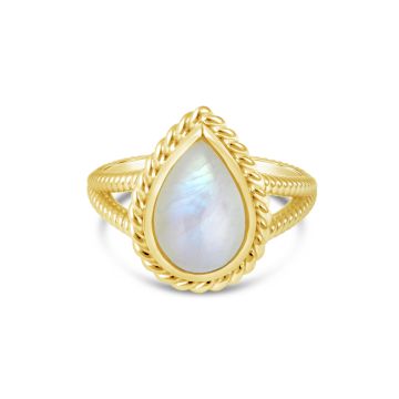 Nautical gold mermaid ring with rope detailing and a teardrop motif carrying genuine moonstone, best jewelry for ocean lovers.