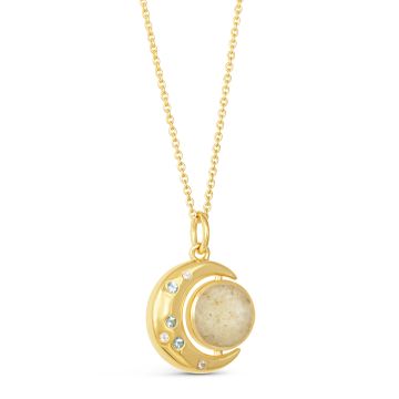 Sterling silver and gold vermeil crescent moon necklace with aquamarine, sand or elements, and an adjustable cable chain. 