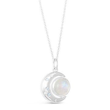 Sterling silver crescent moon and moonstone necklace with aquamarine and an adjustable cable chain. 