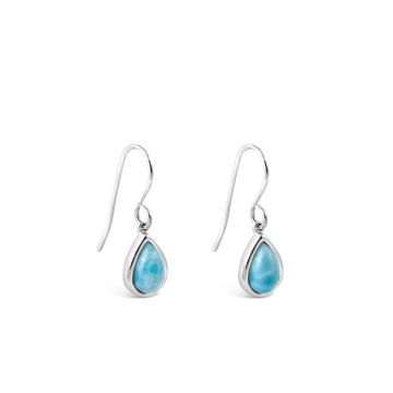 Teardrop Larimar drop earrings, ocean blue earrings womens and custom jewelry gifts made with beach sand, gemstones, or elements. Beach jewelry larimar earrings custom crafted with real blue larimar stone. Luxury personalized housewarming gifts. What is t