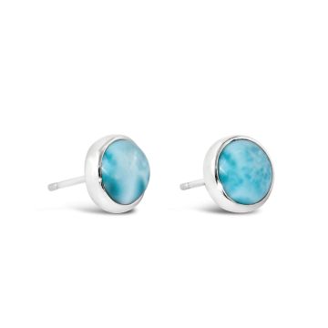 Round Larimar studs earrings, ocean blue earrings studs womens and custom jewelry gifts made with beach sand, gemstones, or elements. Beach jewelry larimar earrings custom crafted with real blue larimar stone. Luxury personalized housewarming gifts. What 