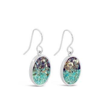 Sterling silver abalone shell fragment gradient and custom beach sand, shells, or earth elements in large sandrop earrings. Ocean-inspired abalone jewelry.