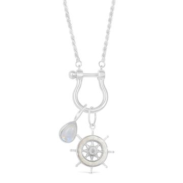 The Captain's Necklace features a Teardrop Moonstone charm and personalized Ship's Wheel Charm on a wheat chain.