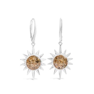 Sterling silver sun earrings handcrafted with meaningful sand and earth elements. Sun necklace, earrings, and custom jewelry from Dune.