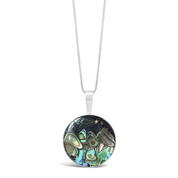 Dune specialized in ocean-inspired gifts including this large round necklace. Abalone jewelry, blue sandstone necklace and gemstone necklace. Memory jewelry. Alaska cruise necklace curated by Christine Kesteloo. Abalone jewelry