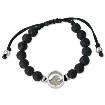 Men's adjustable beaded bracelet with stainless steel wave setting and black lava beads. Rugged masculine jewelry, customizable with sand or earth elements. 