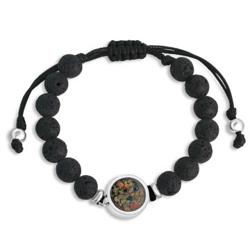 Men's adjustable beaded bracelet with stainless steel round setting and black lava beads. Rugged masculine jewelry, customizable with sand or earth elements. 