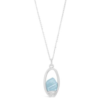 Sterling silver necklace with raw Aquamarine stone for ocean-lovers. Oval forest view pendant and icy blue aquamarine on an adjustable cable chain, glacier pendant alaska.