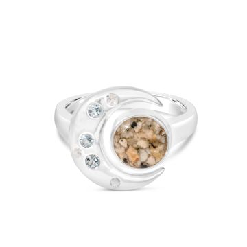 Sterling silver celestial crescent moon ring with aquamarine, white topaz, and personalized with sand or earth elements. Gorgeous moon jewelry.