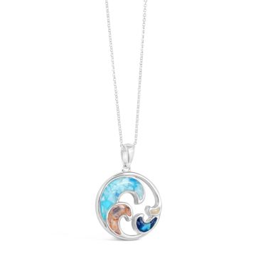 Sterling silver necklace with adjustable chain and a circular silver pendant with four separate waves, each featuring a unique element.