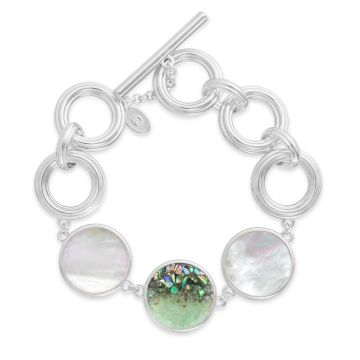 Large statement piece bracelet featured abalone shell fragment, a custom element, and mother of pearl.